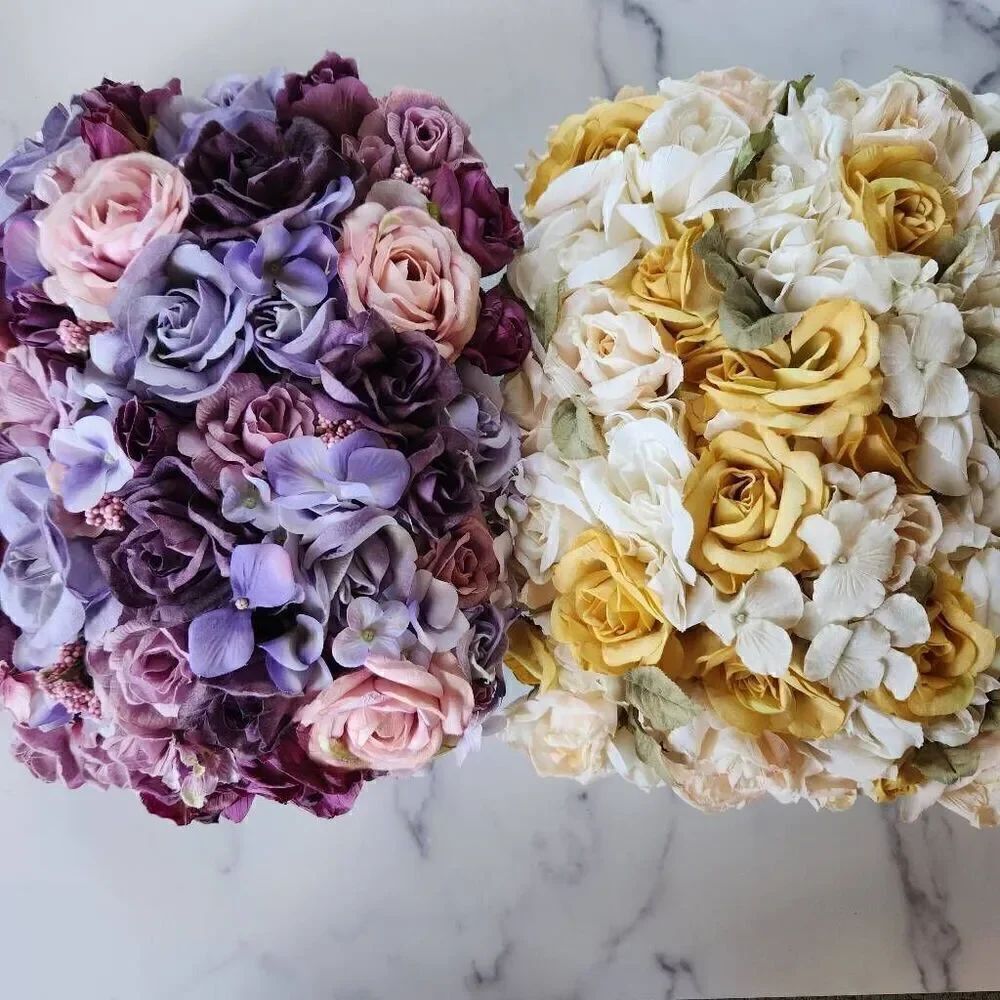 Decorative rose floral bouquet pillow bundle of 2 purple yellow